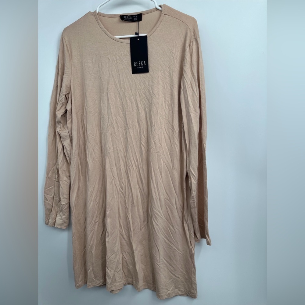 REFKA Modest Tunic Shirt Dress Womens Size XL Beige Long Sleeve